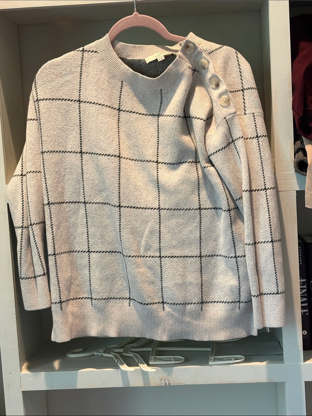 LOFT Cream Windowpane Button-Shoulder Sweater